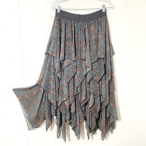 FREE PEOPLE Handkerchief Skirt S Fairycore BROWN PRINT Whimsy Boho Layered Gypsy